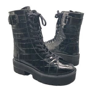 Stuart Weitzman sz 7 boots Ryder black croc Leather Combat Lace-up Platform NEW